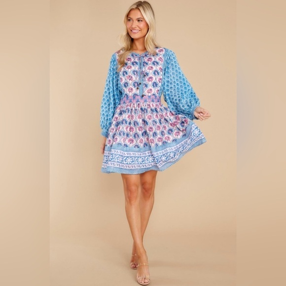 NWT Oliphant Tie Front Balloon Sleeve Dress in Iris Blue Floral, Small - Picture 2 of 7
